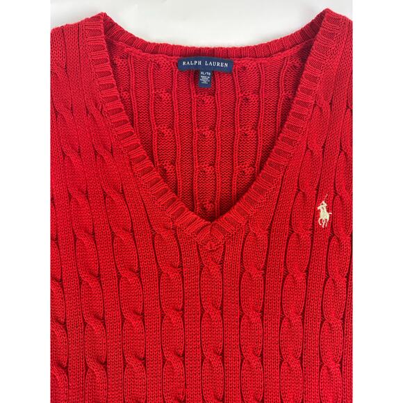 Ralph Lauren Size XL Women's Cable Knit V-Neck Sweater Fisherman Gold Pony Red - Picture 7 of 11